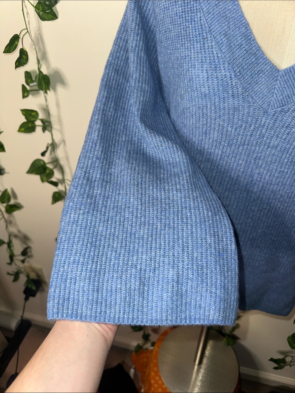 White House Black Market Blue 3/4 Flare Sleeve V Neck Sweater - Picture 2 of 5